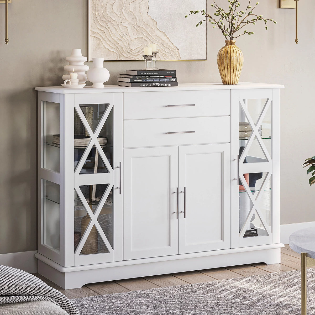 White Wood Storage Sideboard Buffet Cabinet J10174