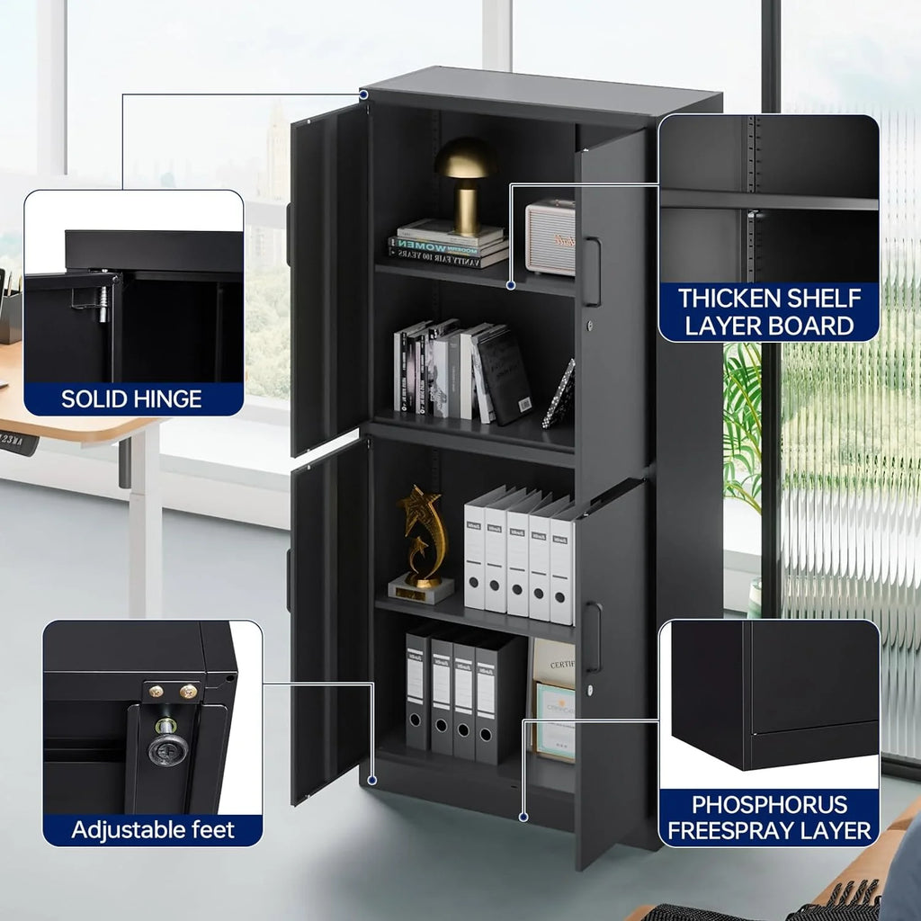 Black Metal Locking Storage Cabinet with 4 Doors and 2 Adjustable Shelves E8408