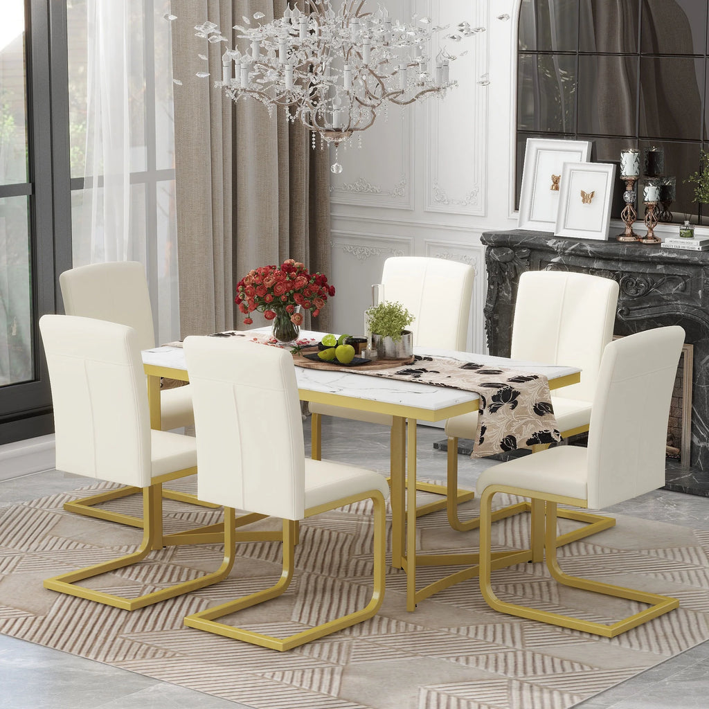 Gold Steel Dining Table Set for 6 with 6 PU Leather Chairs F274