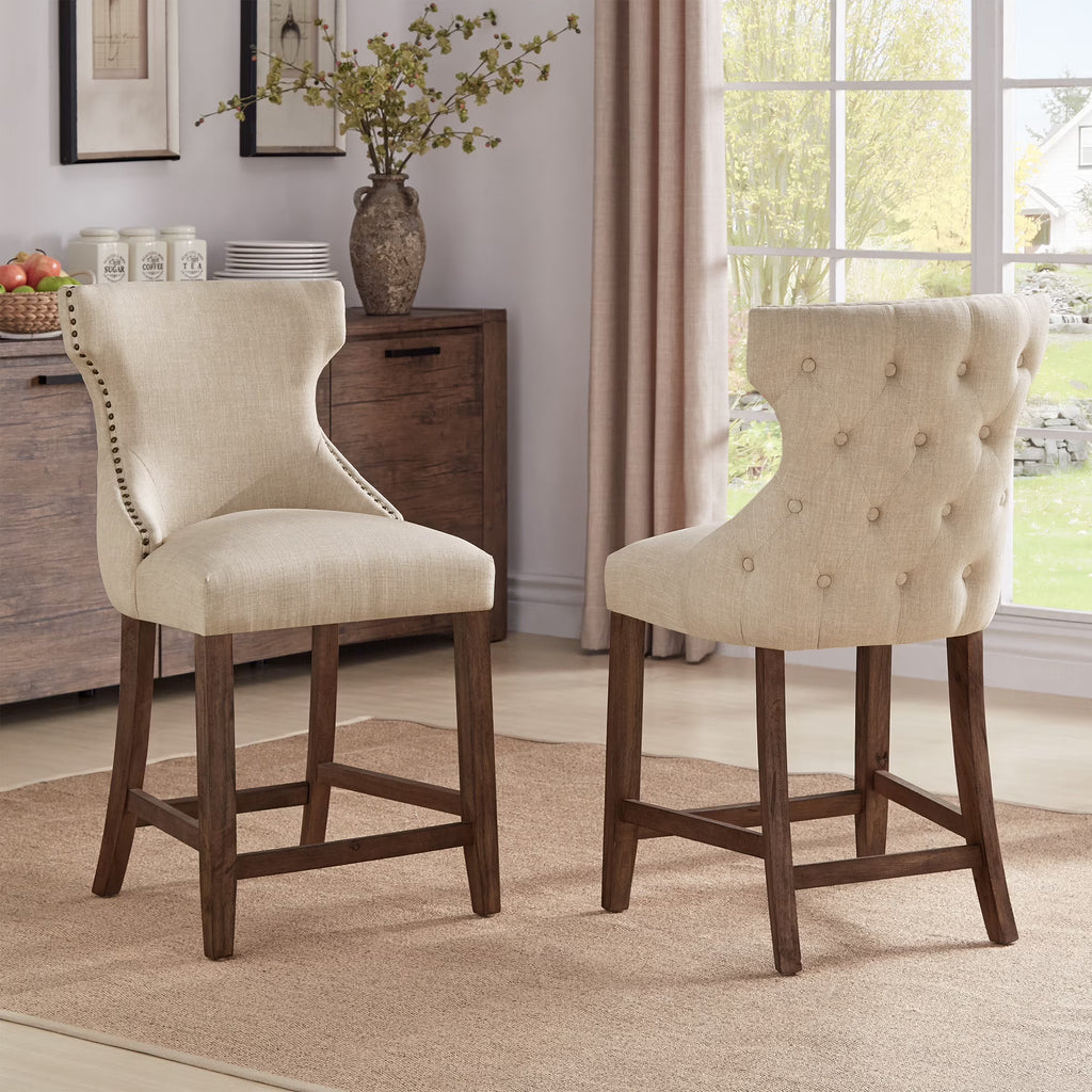 Beige Linen Upholstered Counter Height Stools, Set of 2 F9417