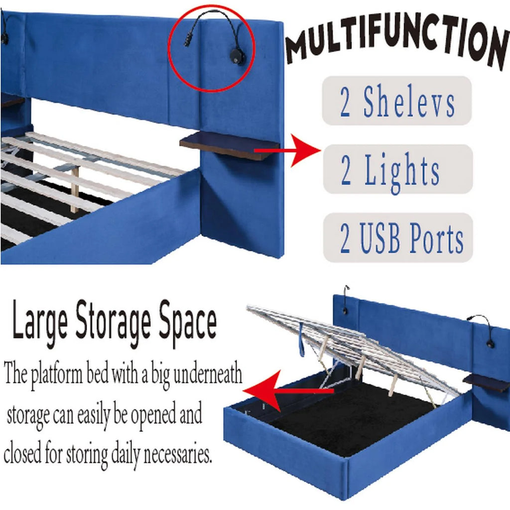 Full Size Upholstered Hydraulic Platform Bed with 2 Shelves, 2 Lights and 4 USB Ports, Blue D430