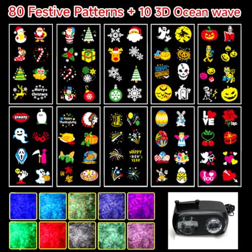 Halloween Christmas Projector Lights with Remote Control Timers 2-in-1 3D Ocean Wave Projection Light E2120