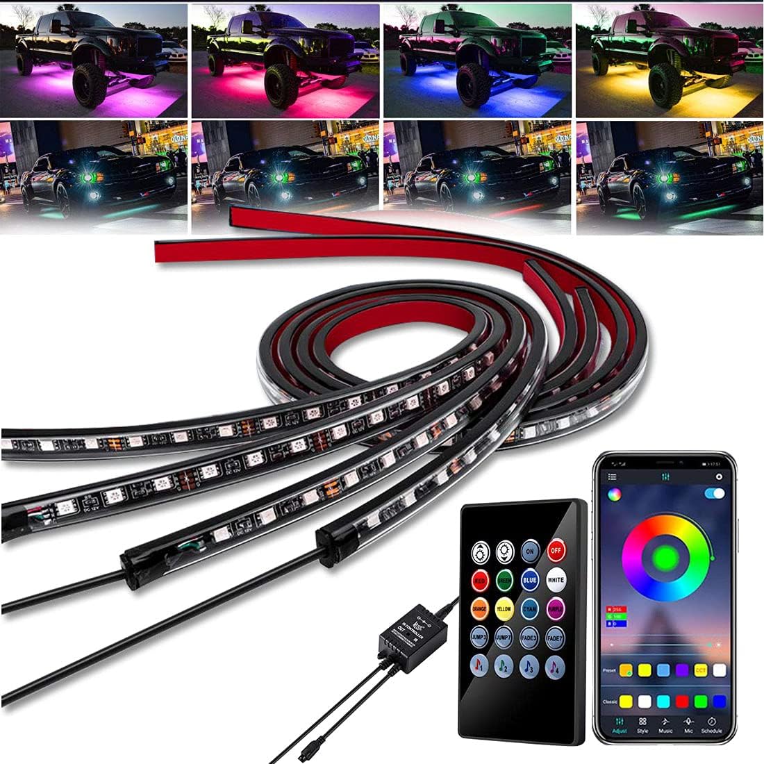 Car LED Underglow Lights Kit 4PCS+4PCS Underbody Neon Accent Lights with APP Bluetooth Remote Control DC12V RGB C93668