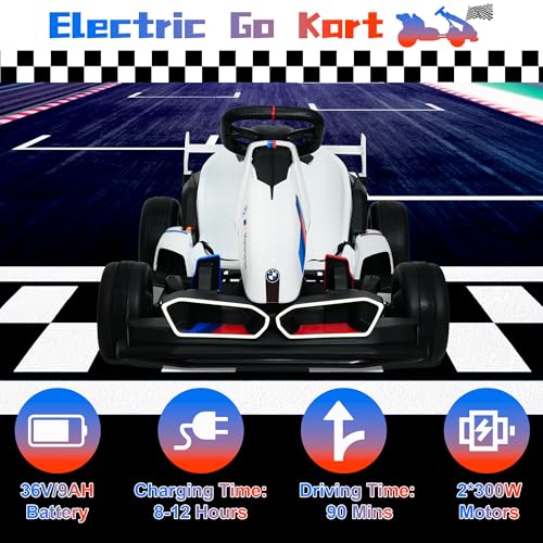 24V Electric Go Kart with Two 200W Motors, LED Lights, Adjustable Seat (White) B3334