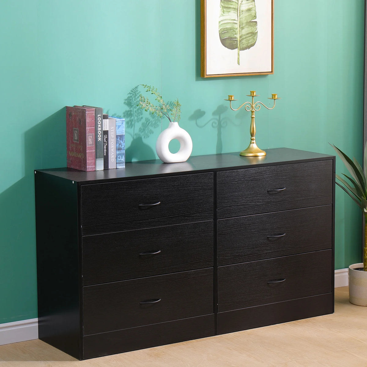 Black 6 Drawer Wood Dresser T955