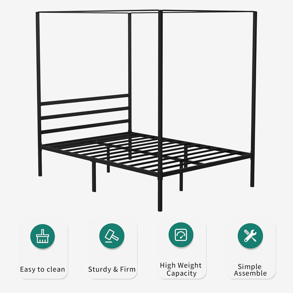 Queen Size Metal Canopy Bed Frame with Built-in Headboard Y398795