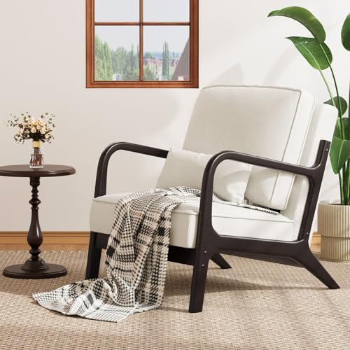 Light Grey Linen Upholstered Arm Chair with Cushion Solid Wood C7376