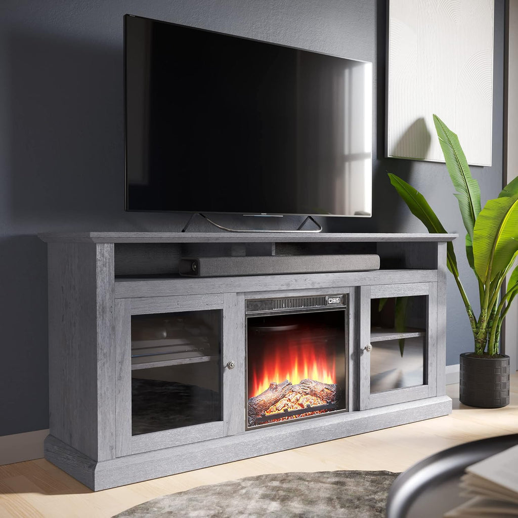 60 Inch Electric Fireplace TV Stand with Open Storage Shelves & Cabinets D1583