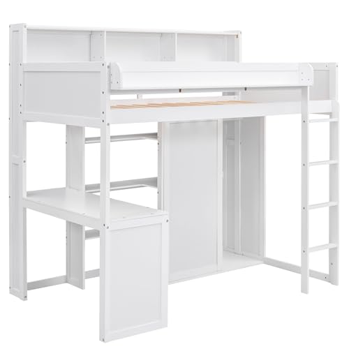 White Twin Size Solid Wood Loft Bed with Desk and Wardrobe I21604