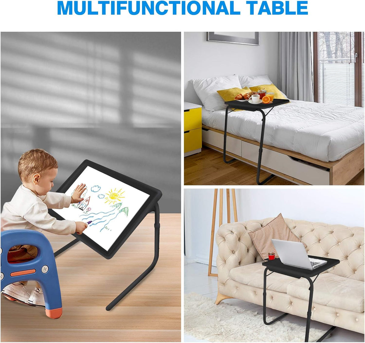 Adjustable Folding TV Tray Table with Cup Holder, 6 Height & 3 Tilt Angle (2 Pack Black) G102