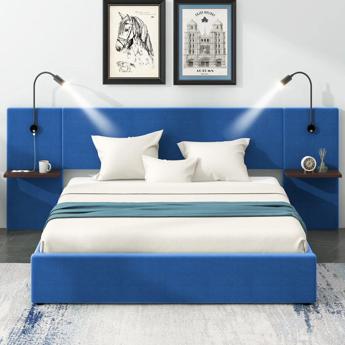 Full Size Upholstered Hydraulic Platform Bed with 2 Shelves, 2 Lights and 4 USB Ports, Blue D430