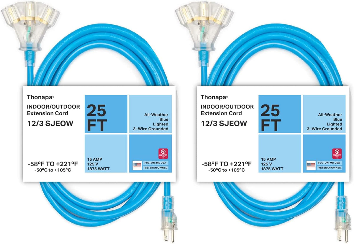 50 Ft All Weather Extension Cord with 3 Outlets, 12/3 SJEOW Heavy Duty Lighted Outdoor Cable E26360