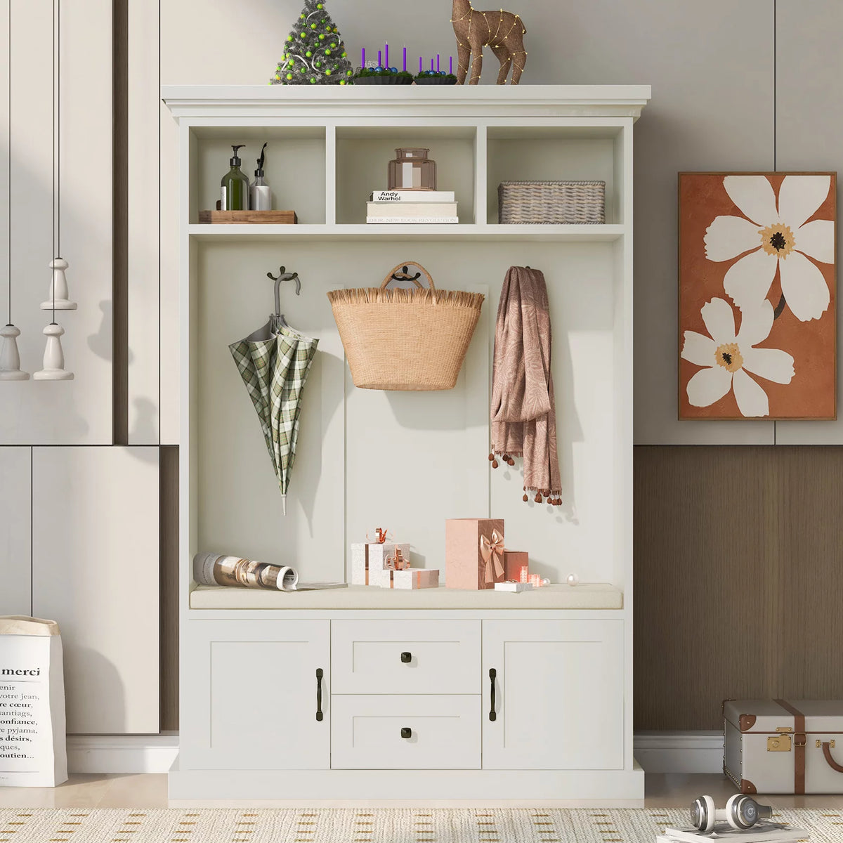 Beige Hall Tree with Upholstered Bench and Coat Rack Z73469