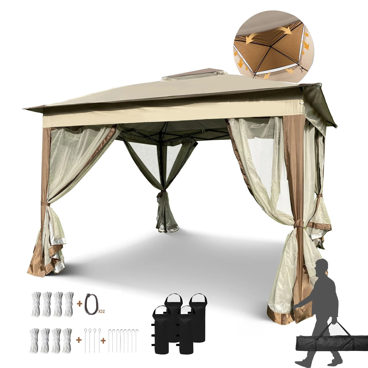 Coffee Pop Up Gazebo Canopy with Removable Zipper Netting V8626