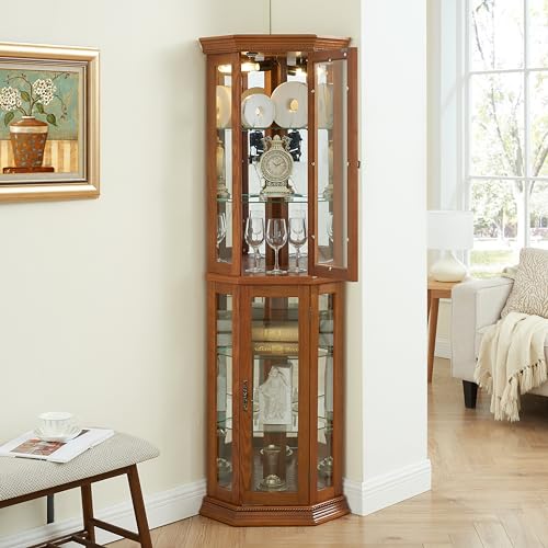 Lighted Corner Curio Display Cabinet with Adjustable Shelves & Mirrored Back G250916