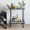 Rolling Bar Cart 2-Tiered Glass and Metal Black B792747