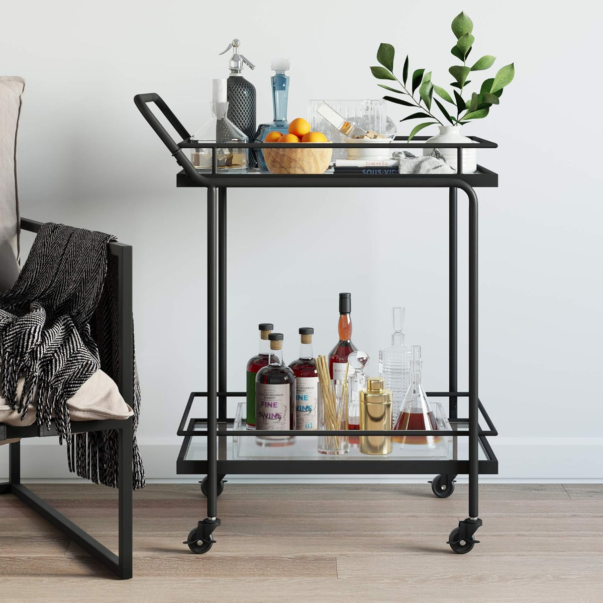 Rolling Bar Cart 2-Tiered Glass and Metal Black B792747