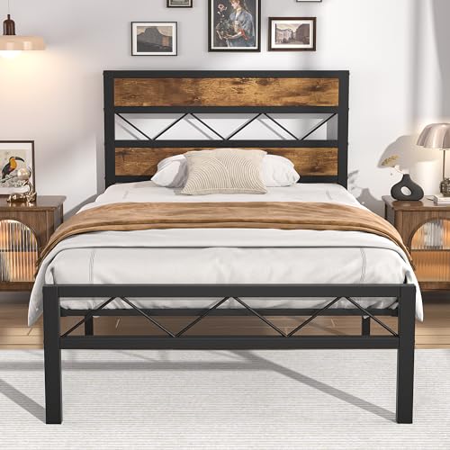 Queen Metal Platform Bed Frame with Wooden Headboard, Brown O62683