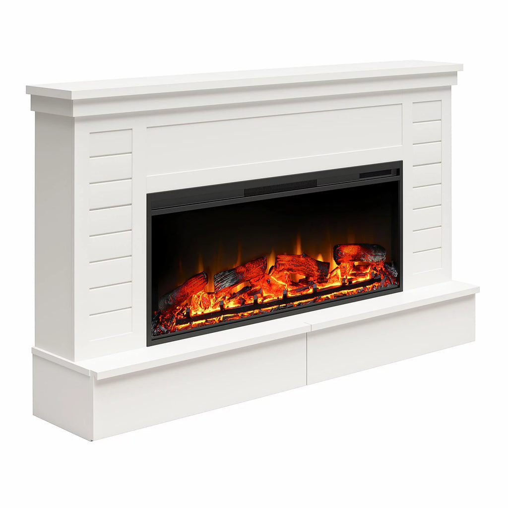 White Wide Shiplap Mantel with Linear Electric Fireplace and Storage Drawers M272213