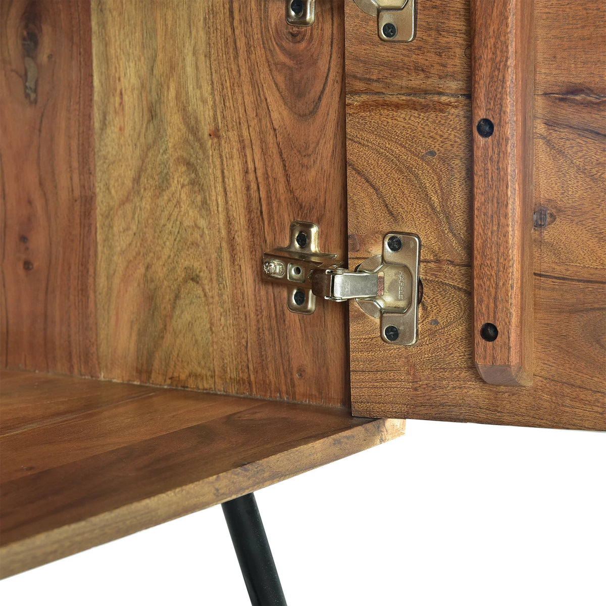 Wooden Media Console with Slanted Metal Base, Brown and Black Q6010
