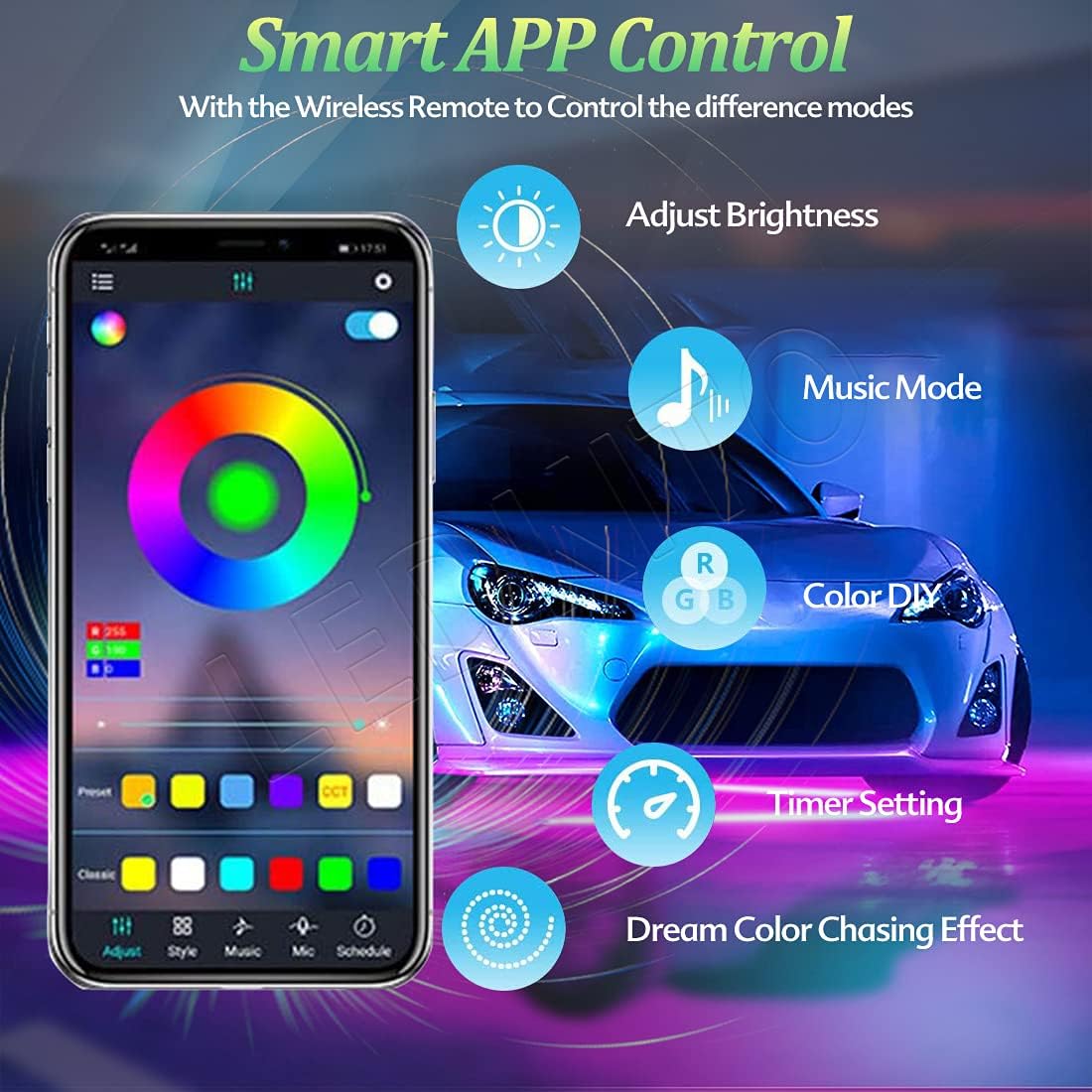 Car LED Underglow Lights Kit 4PCS+4PCS Underbody Neon Accent Lights with APP Bluetooth Remote Control DC12V RGB C93668
