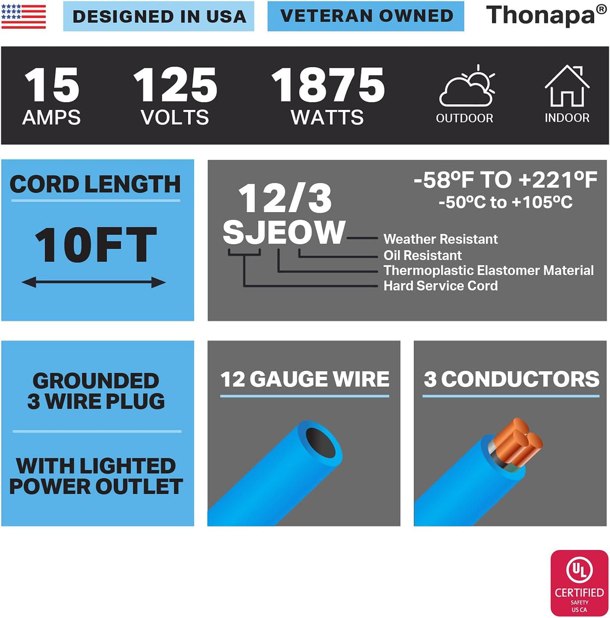 50 Ft All Weather Extension Cord with 3 Outlets, 12/3 SJEOW Heavy Duty Lighted Outdoor Cable E26360