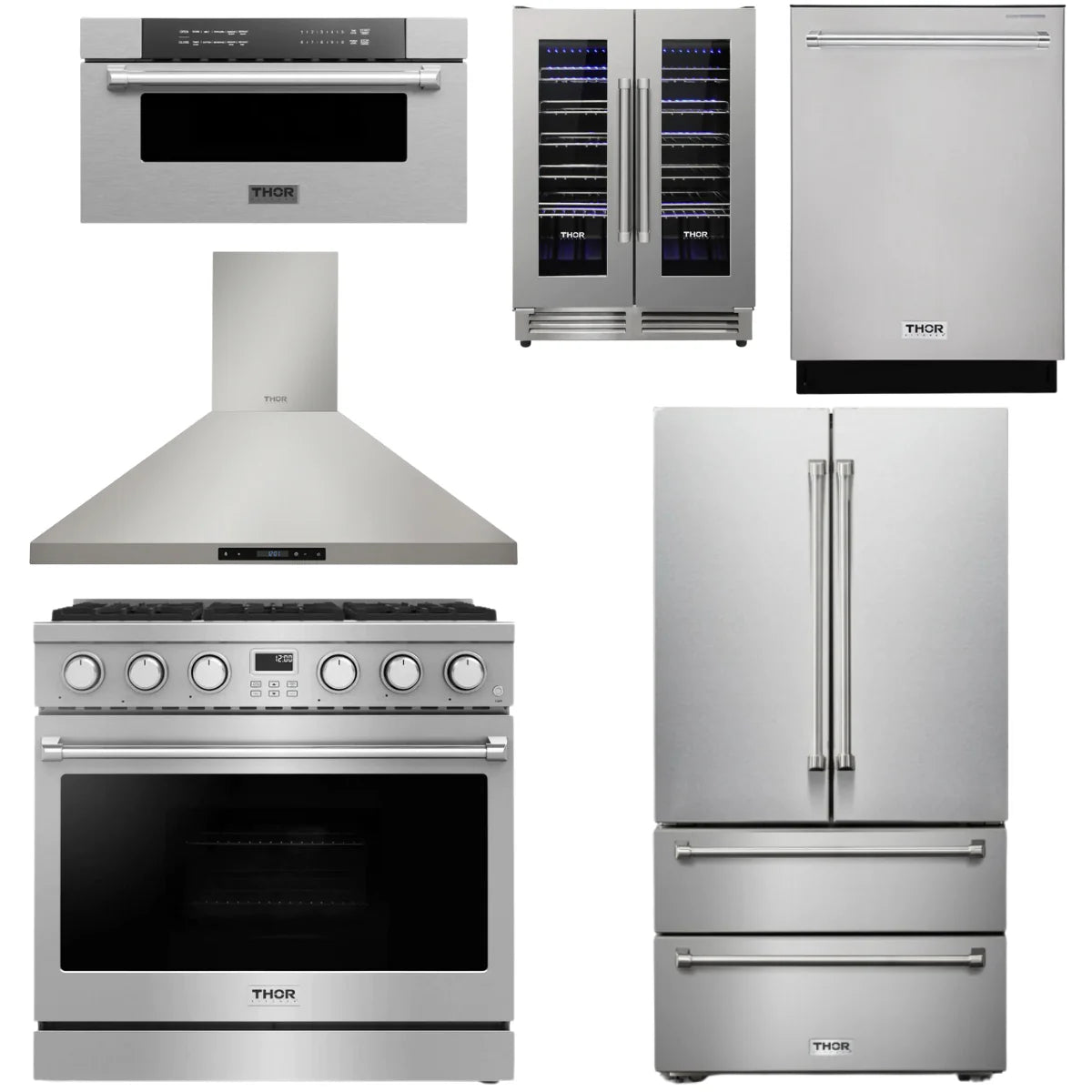 36 Gas Range, Range Hood, Refrigerator, Dishwasher, Microwave and Wine Cooler K48763