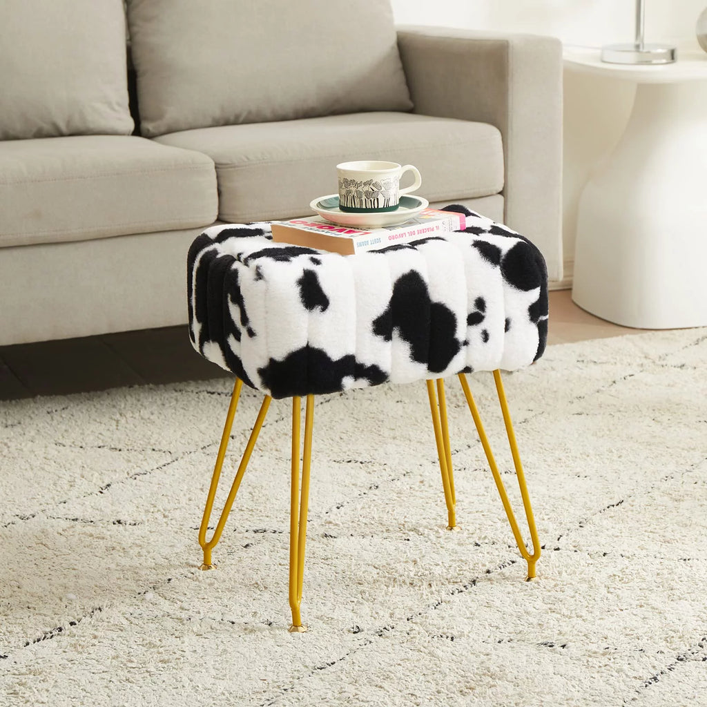 Faux Fur Vanity Stool with Golden Metal Legs A231132