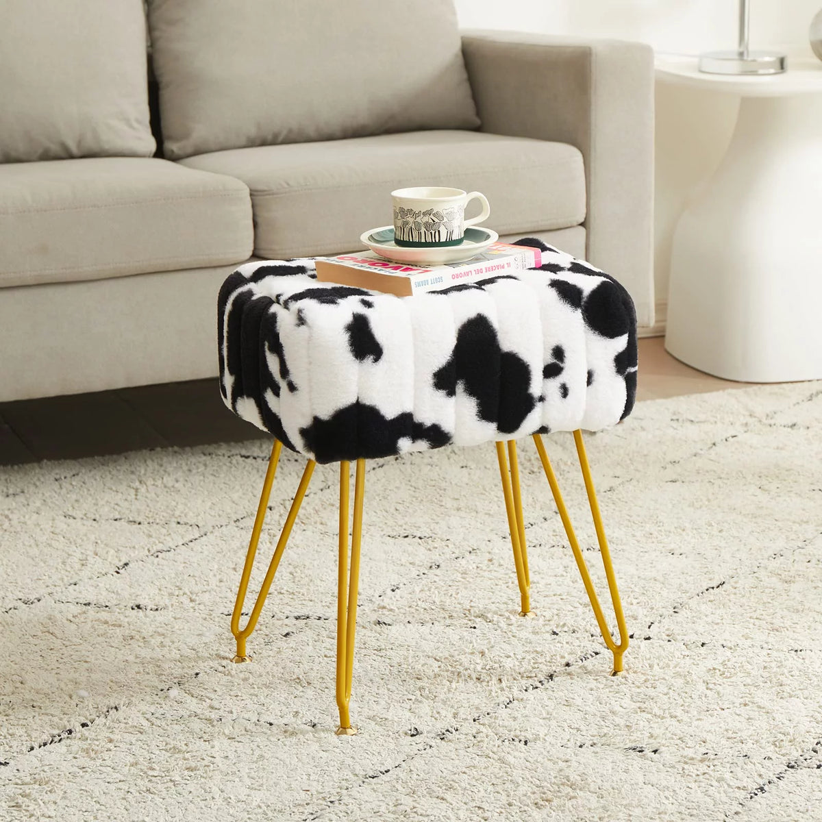 Faux Fur Vanity Stool with Golden Metal Legs A231132