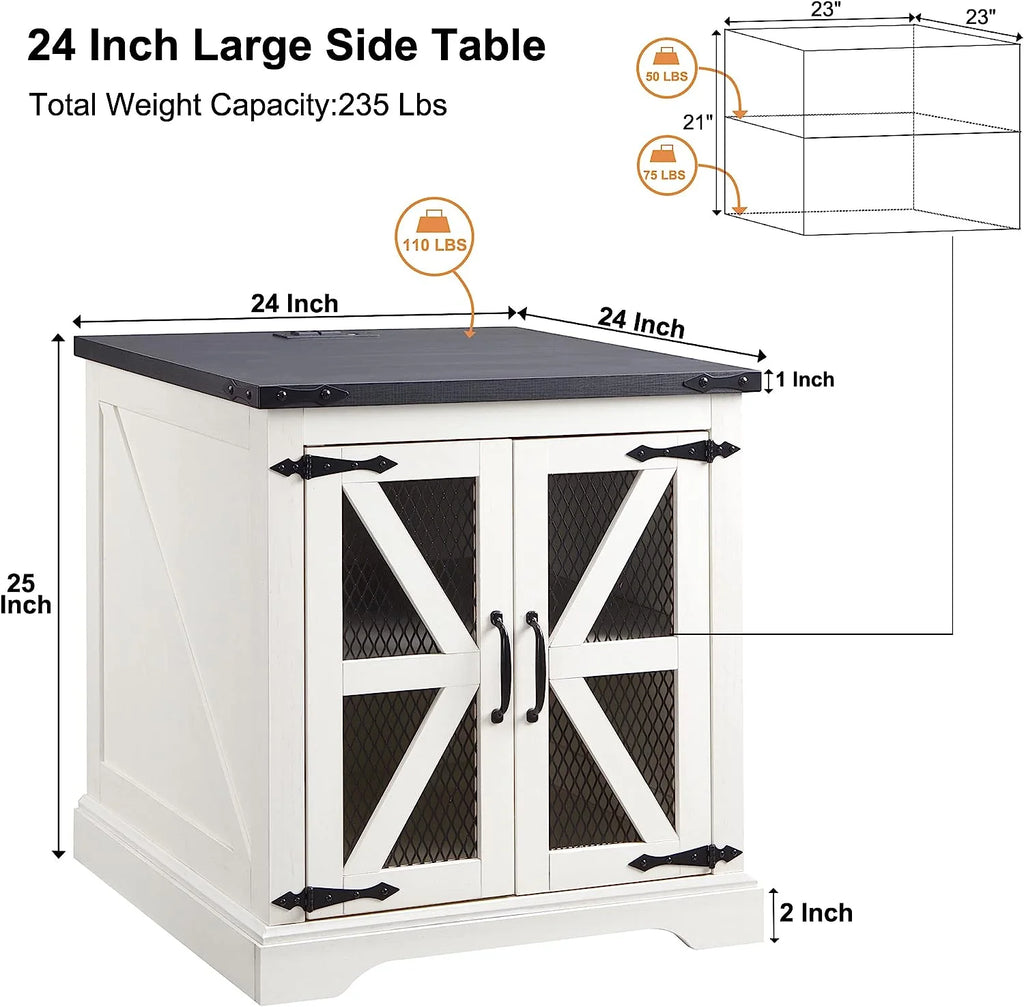 White Farmhouse End Table with Charging Station V539