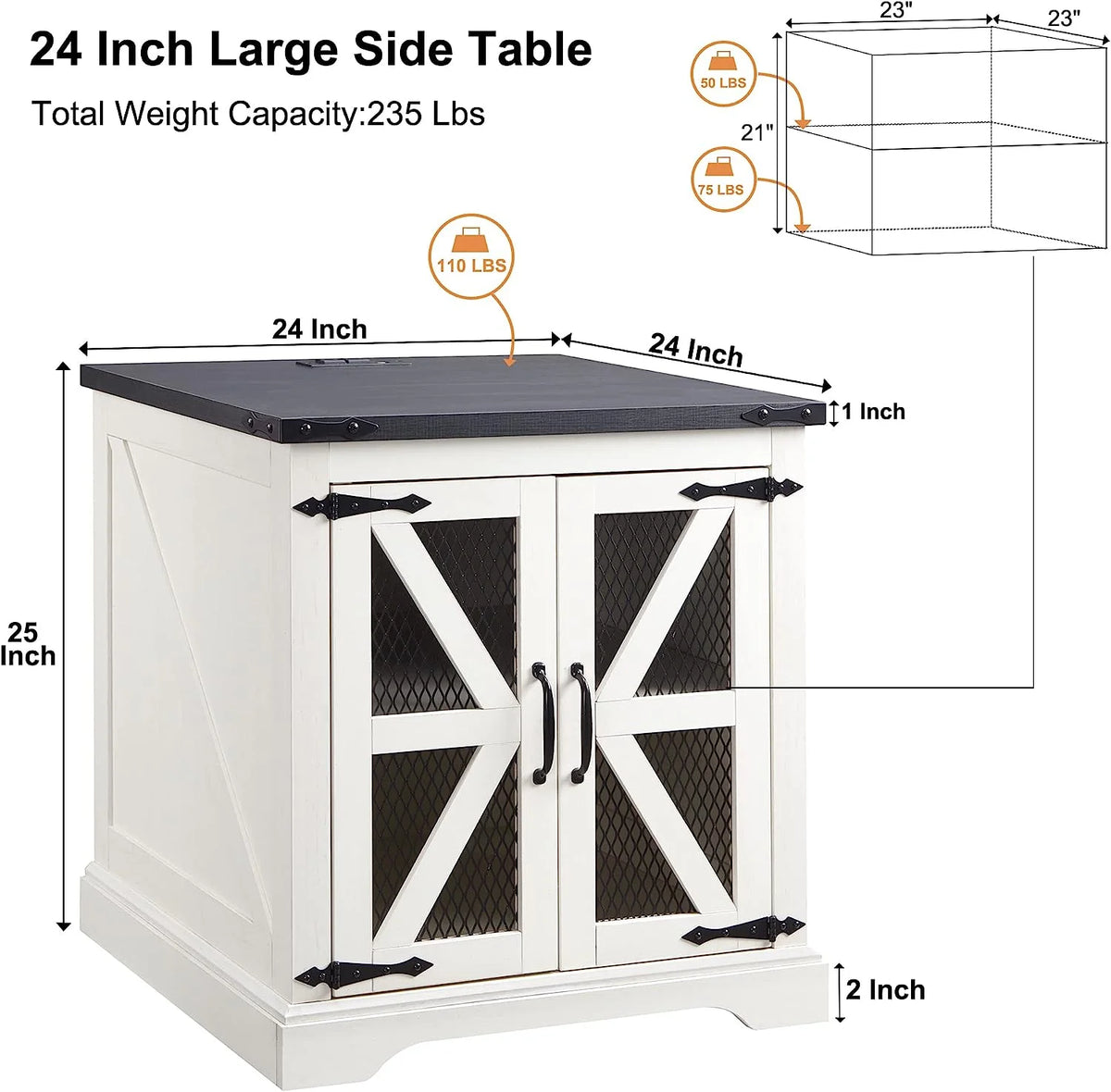 White Farmhouse End Table with Charging Station V539