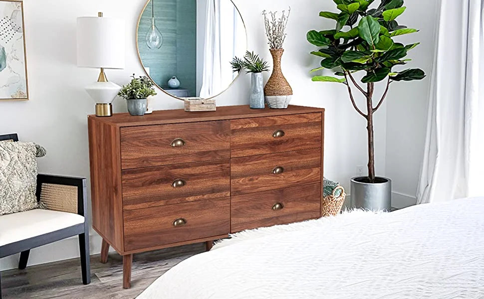 Wood 6 Drawer Dresser with Metal Handles T560