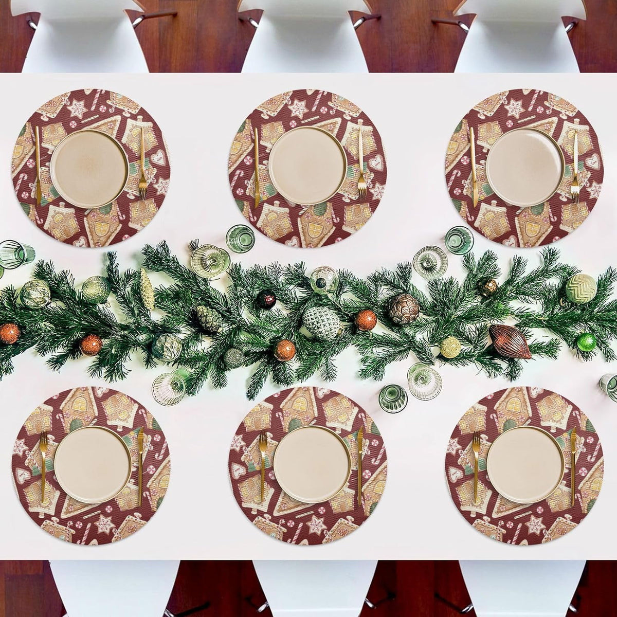 Christmas Gingerbread House Round Placemats Set of 6 Non-Slip PVC Washable Heat Resistant 15.4 Inch M905200