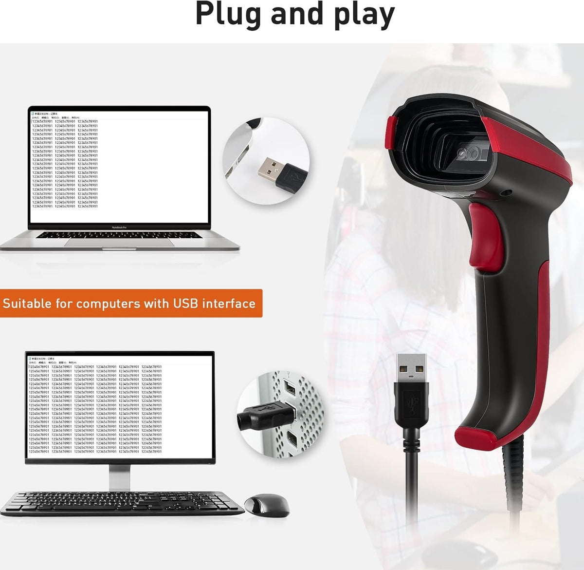 Wired 2D QR 1D Barcode Scanner with USB Cable X36316
