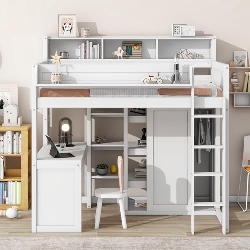 White Twin Size Solid Wood Loft Bed with Desk and Wardrobe I21604