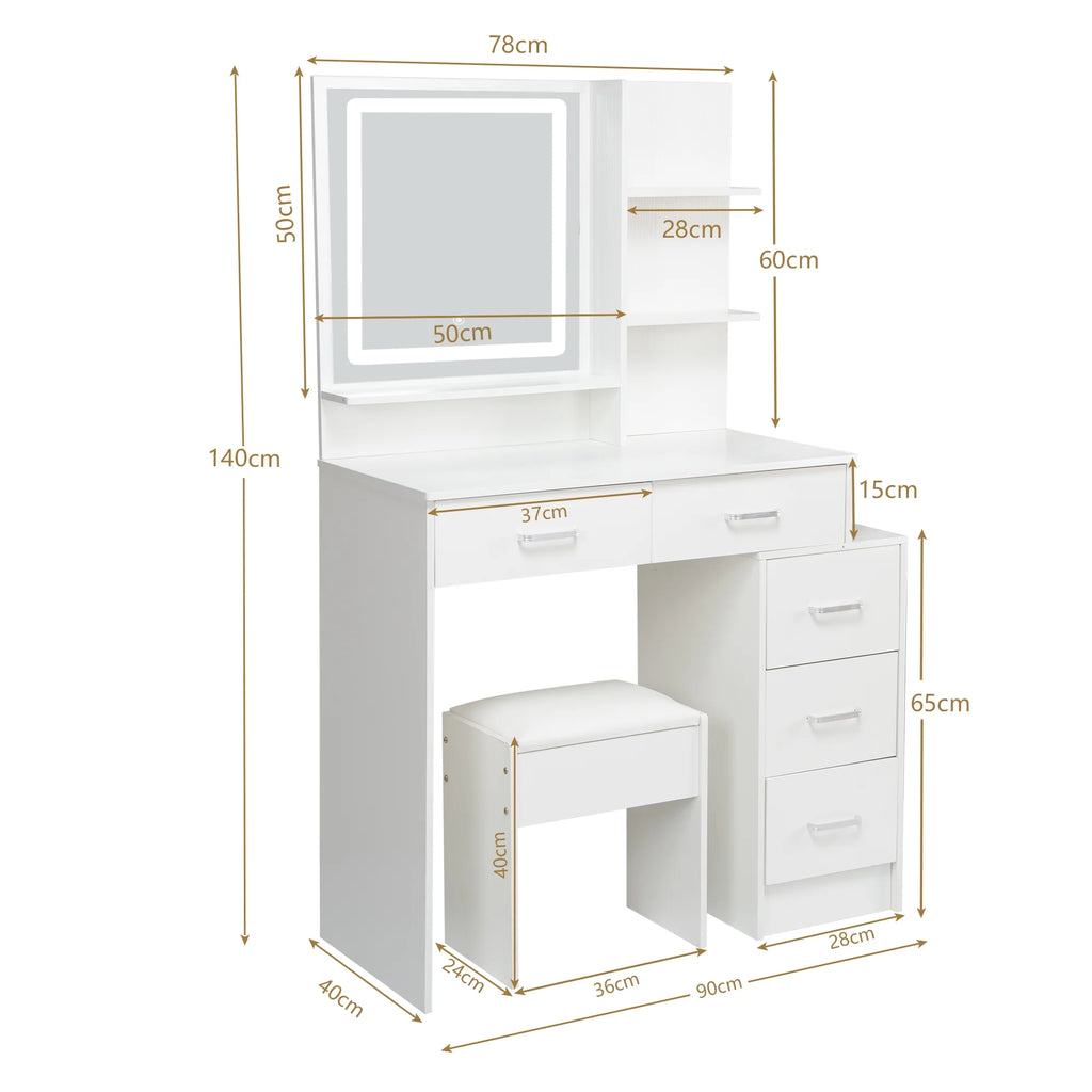 White Vanity Set with Lighted Mirror, Drawers and Stool G68881