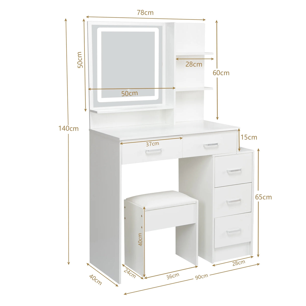White Vanity Set with Lighted Mirror, Drawers and Stool G68881
