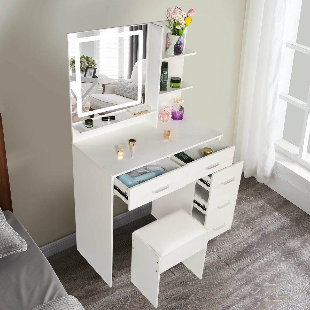 White Vanity Set with Lighted Mirror, Drawers and Stool G68881