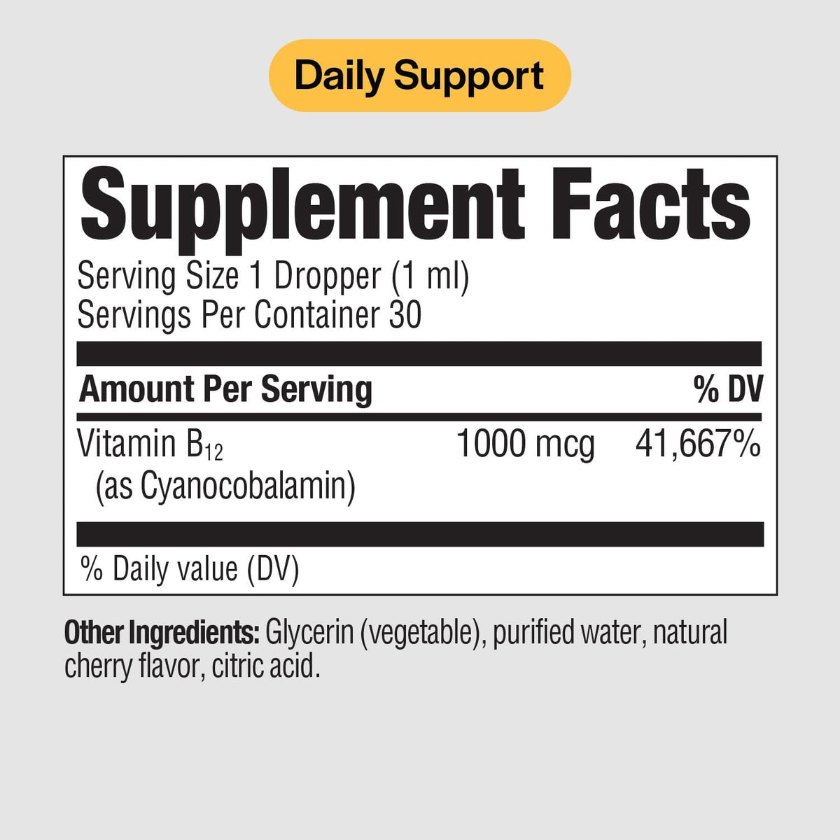 Liquid B12 1000 mcg Natural Cherry Flavor B12 Sublingual Drops Non-GMO Allergen-Free 1 fl. Oz. Y45369