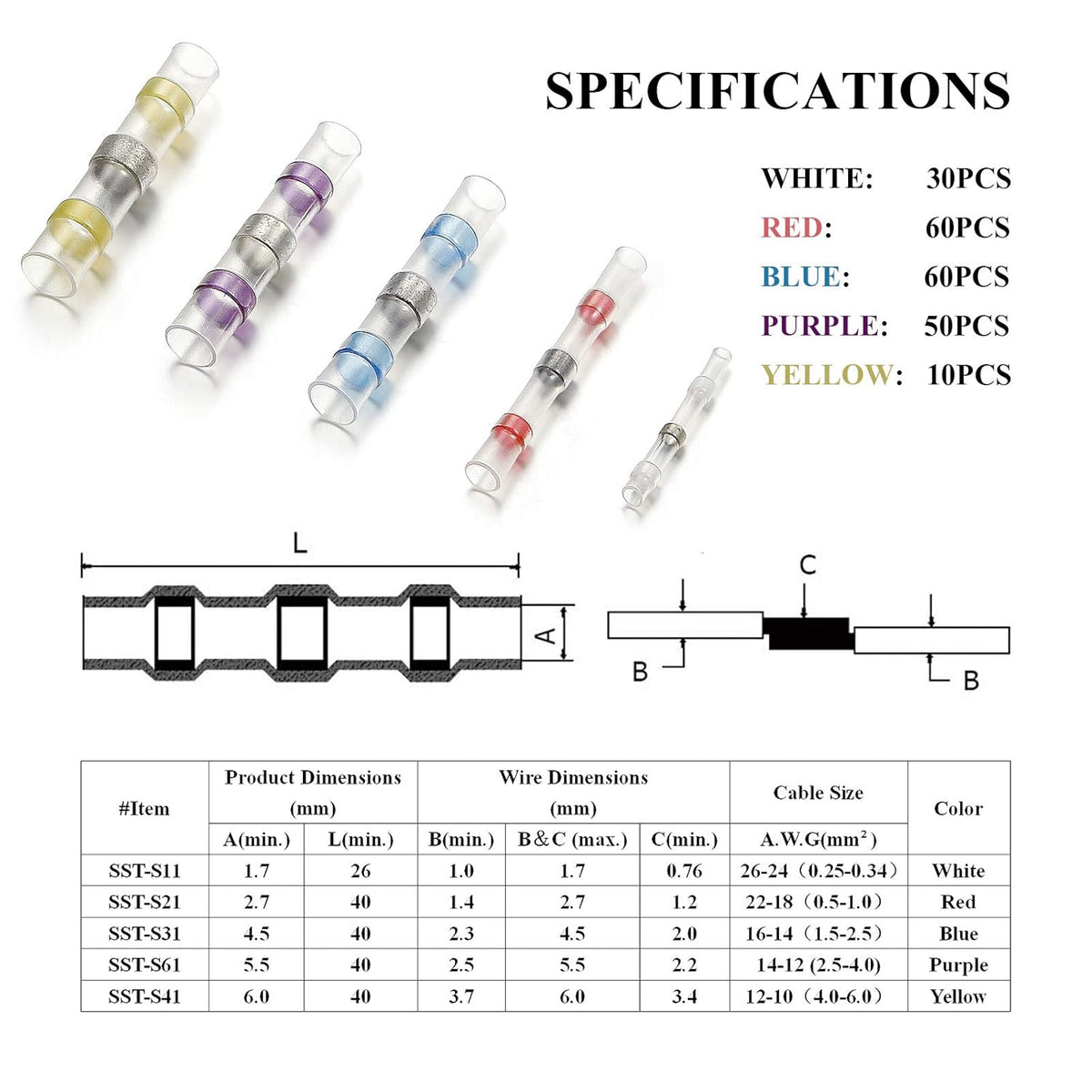 210PCS Self-Solder Heat Shrink Butt Connectors Waterproof Insulated Wire Terminals C909132