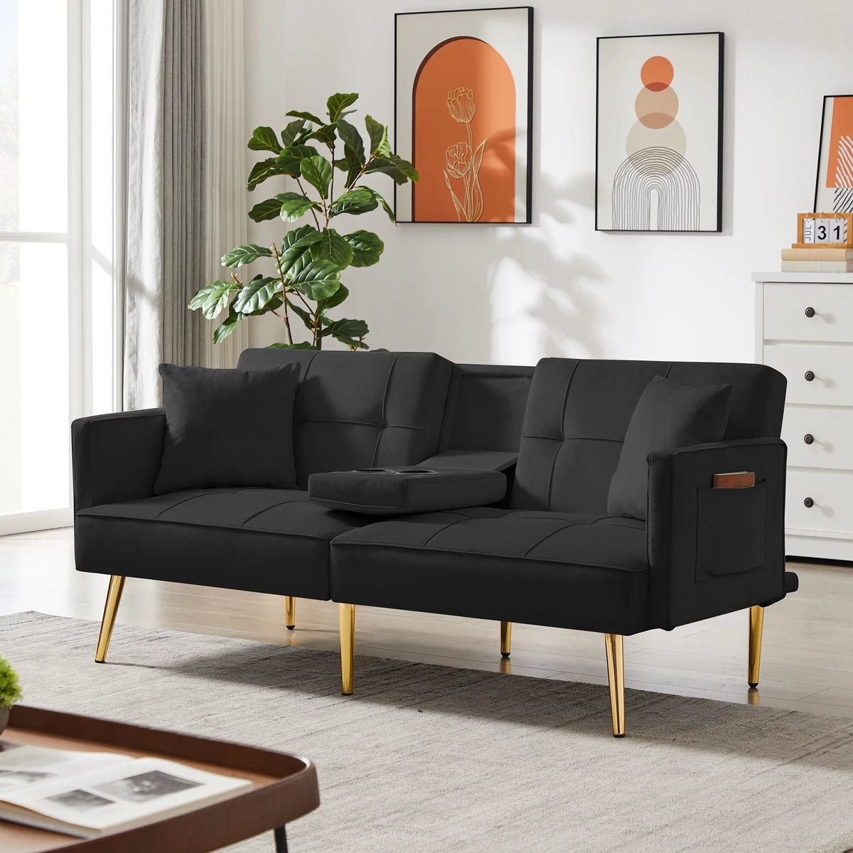 Convertible Sofa Bed Velvet Metal Legs Cream White E13949