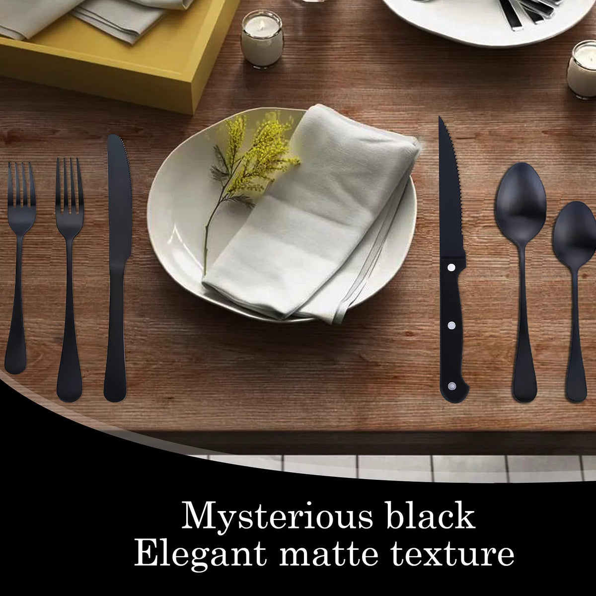 24 Piece Matte Black Silver Stainless Steel Cutlery Set with Steak Knife B53200