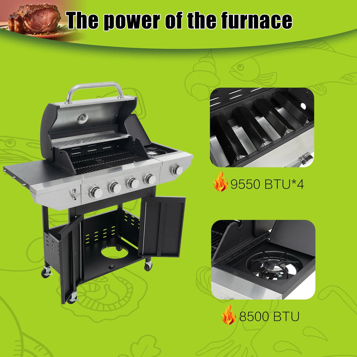 4 Burner Propane Gas Grill with Side Burner and Thermometer Q970