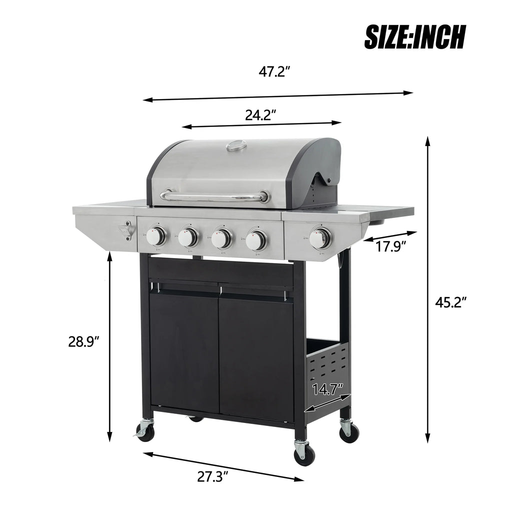 4 Burner Propane Gas Grill with Side Burner and Thermometer Q970