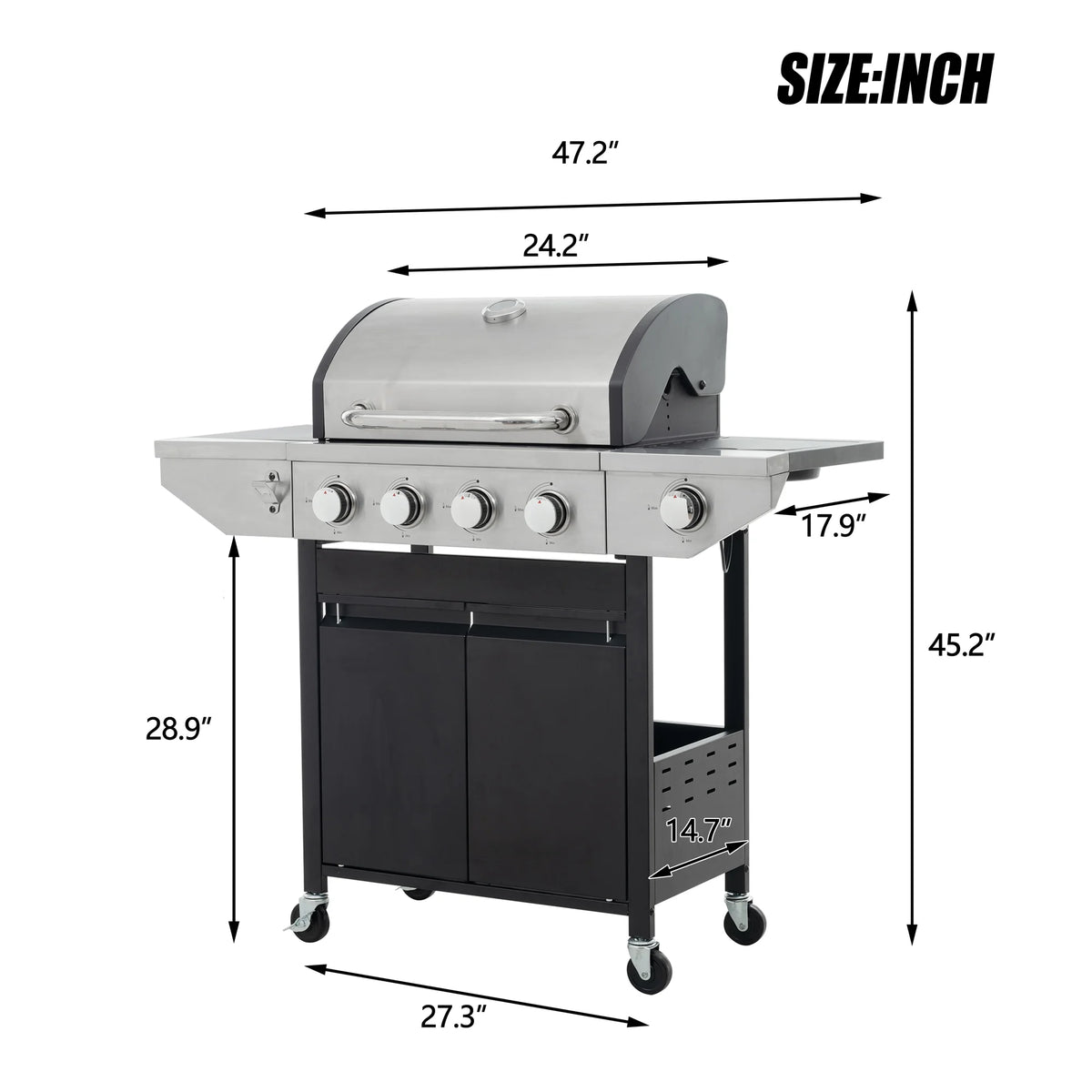 4 Burner Propane Gas Grill with Side Burner and Thermometer Q970