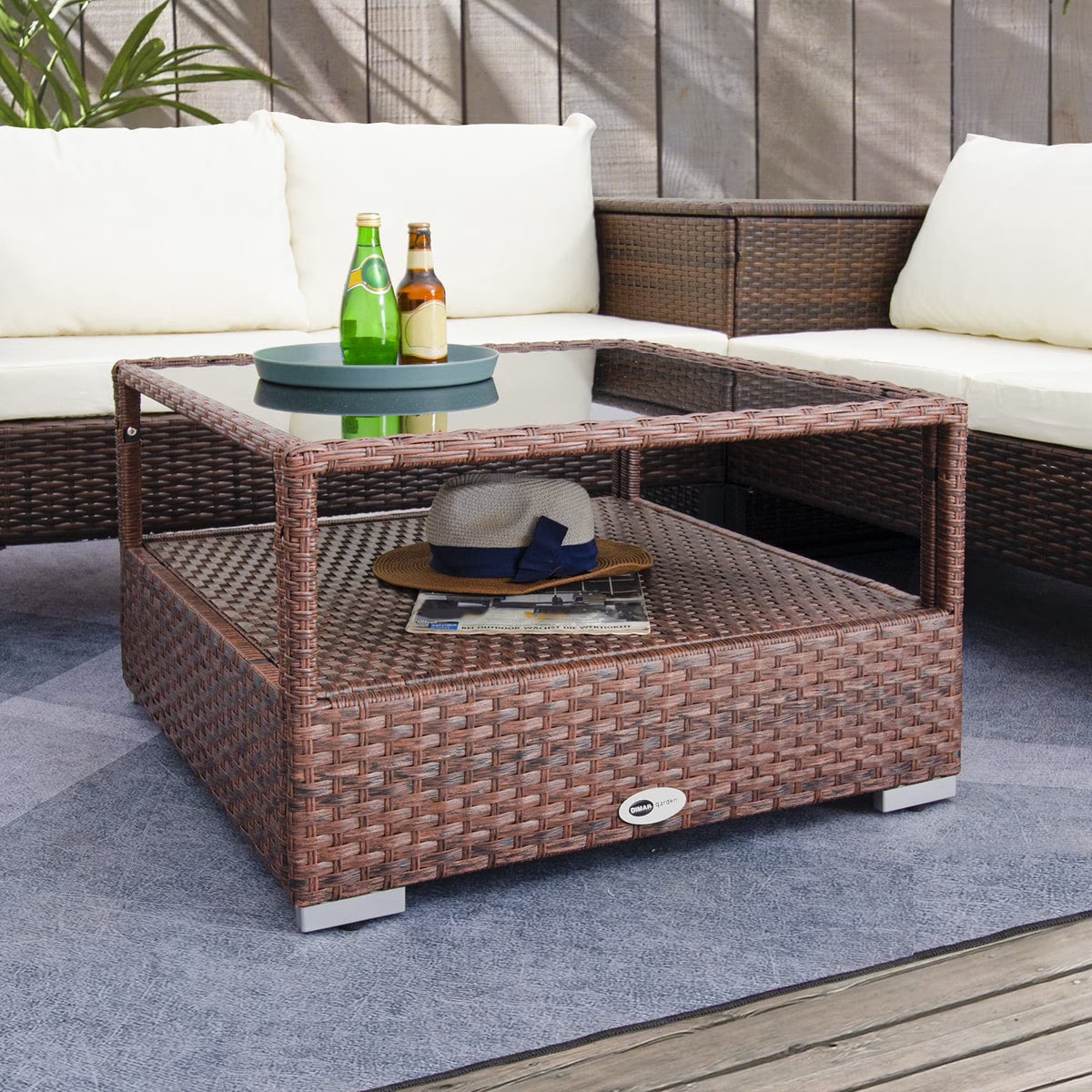 Mixed Brown Wicker Coffee Table with Glass Top and Storage Z505