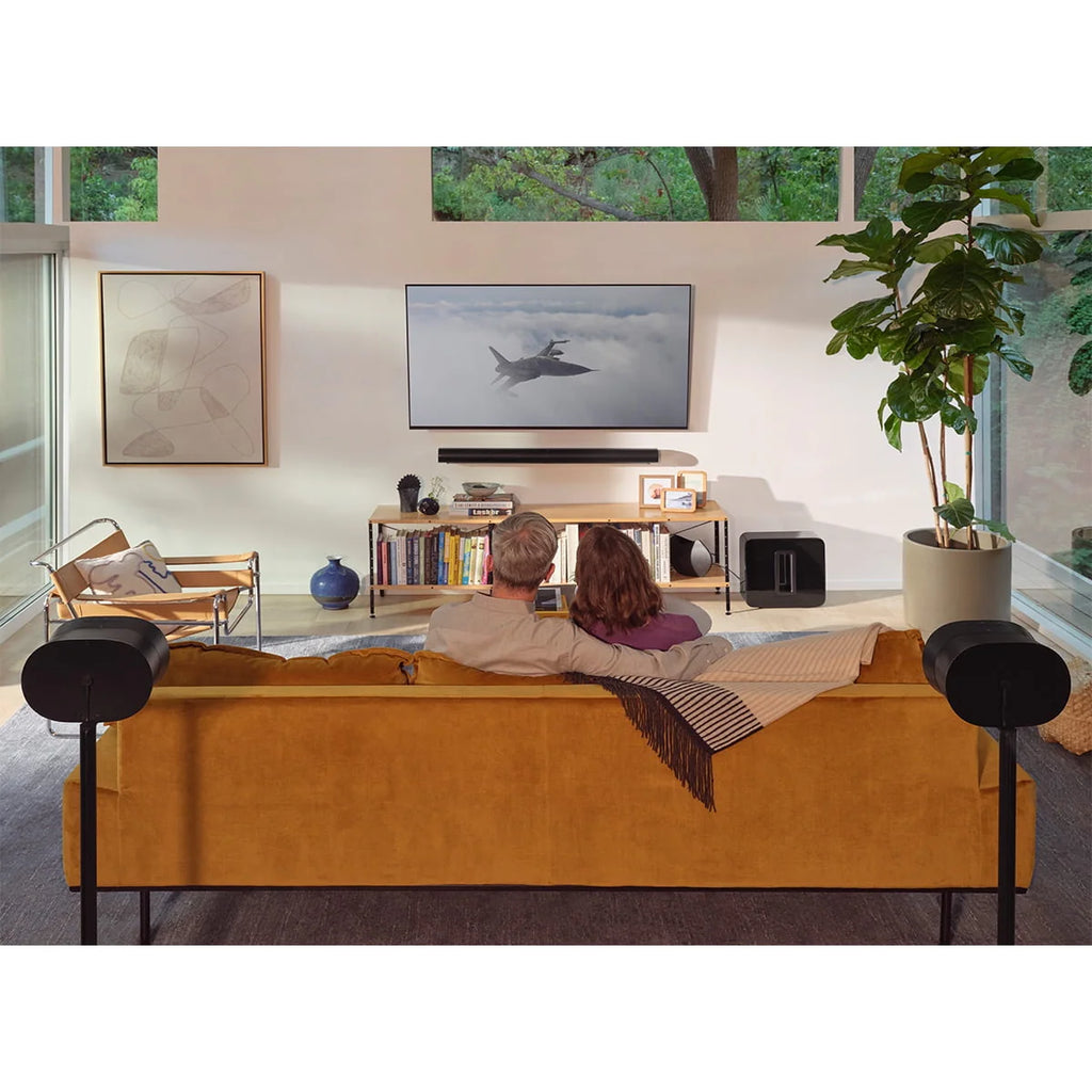 Black Wireless Soundbar, Subwoofer, and Pair of Smart Speakers X6820