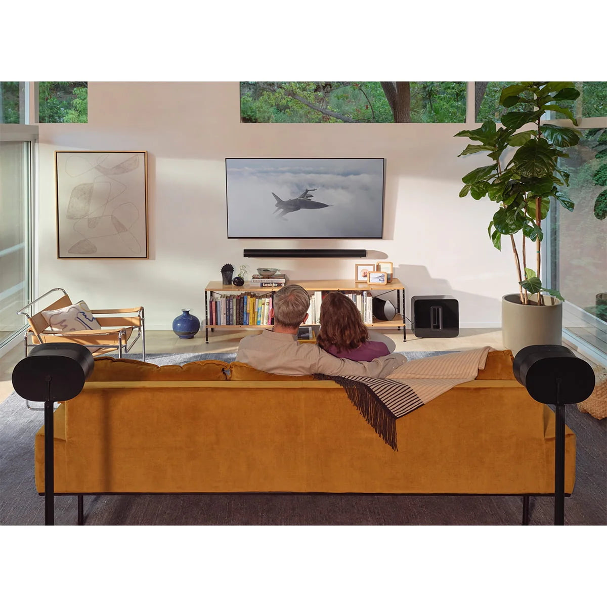 Black Wireless Soundbar, Subwoofer, and Pair of Smart Speakers X6820