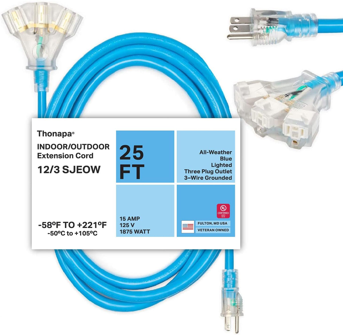 50 Ft All Weather Extension Cord with 3 Outlets, 12/3 SJEOW Heavy Duty Lighted Outdoor Cable E26360