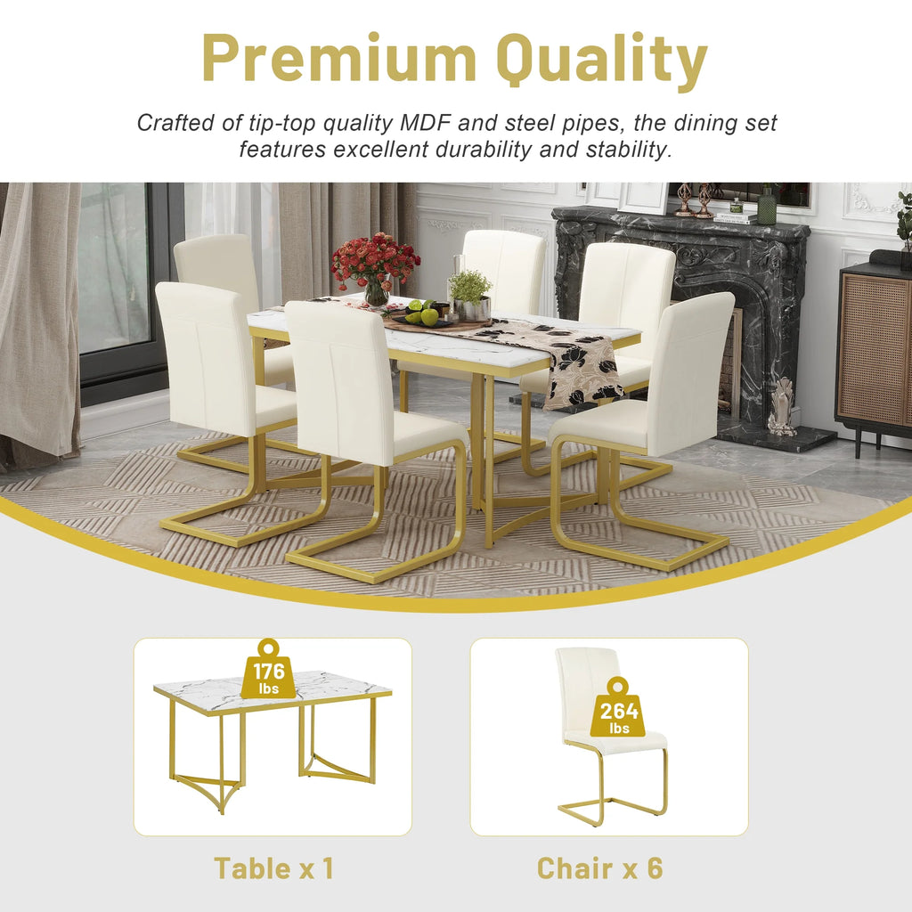 Gold Steel Dining Table Set for 6 with 6 PU Leather Chairs F274